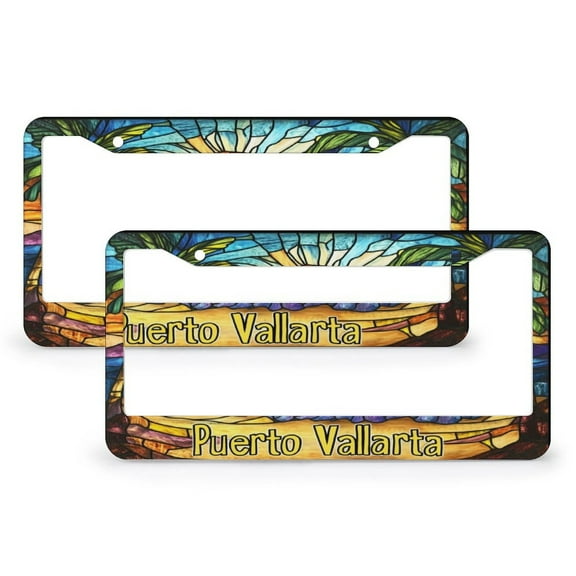 2 Pcs Set Puerto Vallarta Honeymoon Vacay Travel Gift License Plate Frame Sunset Over The Sea Licenses Plates Frames Front Licenses Plate Covers Car Tag Frame Quality Aluminum Metal 2 Round Holes