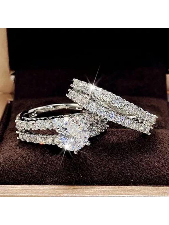 2 Pcs/Set Romantic 925 Silver Ring Cubic Zirconia Engagement Party Gifts Sz 6-10