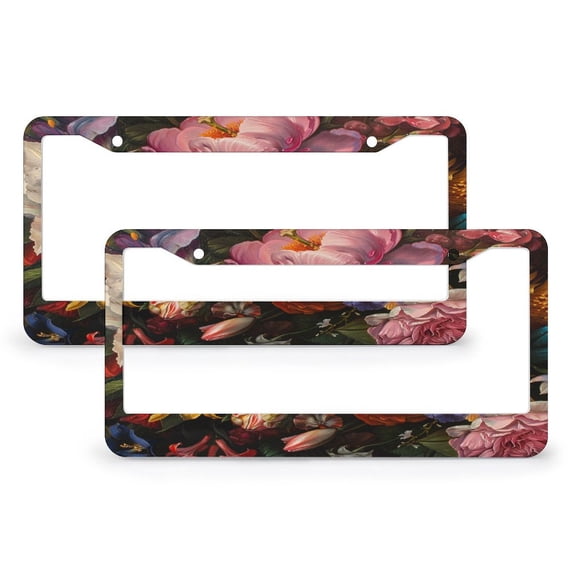 2 Pcs Set Roses Tulips Peonies Violets And Lilies License Plate Frame Abstract Wild Flowers Funny License Plates Quality Aluminum 2 Round Holes for Us Standard Vehicles