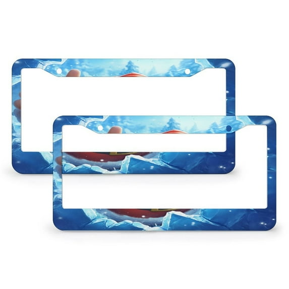 2 Pcs Set Santa Claus Breaking through Ice Wall License Plate Frames Santa Xmas Personalized License Plate Frame Quality Aluminum Metal 2 Round Holes for Women Men US Vehicles
