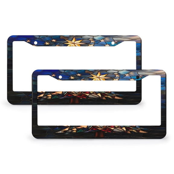 2 Pcs Set Stained Glass of A Large Christmas Tree Print License Plate Frame Winter Holiday Decor Car License Plate Frame Metal 2 Round Holes for Women Men US Vehicles Standard