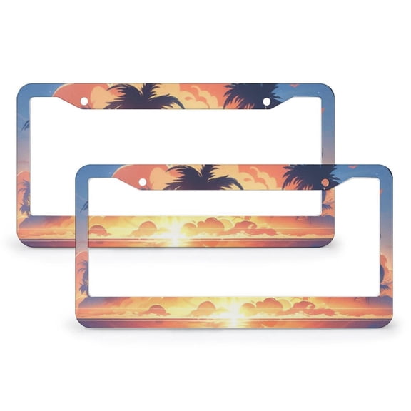 2 Pcs Set Sunset in Paradise License Plate Frame Summer Beach Hawaii Coconut Palm Tree License Plate Frame License Plate Shield Frame Quality Aluminum Metal 2 Holes Car Accessories US Canada Standard
