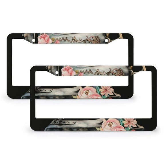 2 Pcs Set Vintage Sewing Machine with Purple Flowers License Plate Cover Sewing Gift Auto Decorative Frames Cars Protector Cover Holder Metal 2 Holes for US Standard Vehicles for Women Men