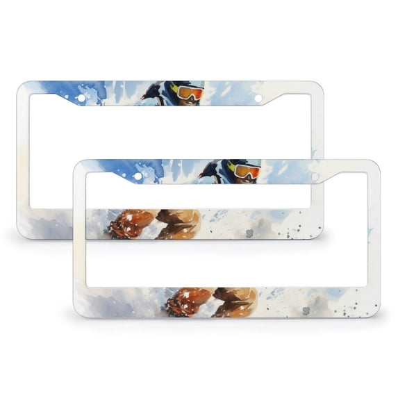 2 Pcs Set Watercolor Snowboarder License Plate Cover Ski Snowboard Customized Decor Car Tag Quality Aluminum Metal 2 Round Holes for Women Men US Vehicles
