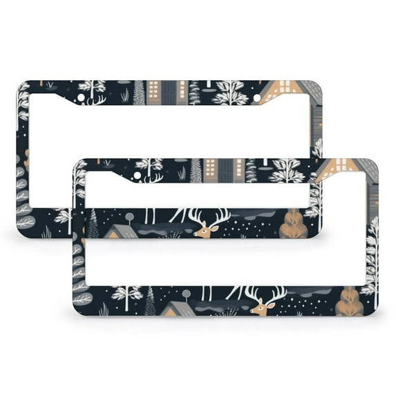2 Pcs Set Winter Night Deer Forest Cabin License Plate Frames Wildlife Deer License Plate Cover Front Plates Frames Car Tag Frame Aluminum Metal 2 Hole for US Standard Vehicles for Women Men