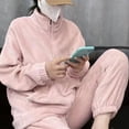 thumbnail image 1 of 2 Pcs/Set Winter Pajamas Set Thickened Coral Fleece Stand Collar Long Sleeves Top Elastic Waist Trousers Homewear Coat Loungewear Outfiit Lady Sleepwear, 1 of 8