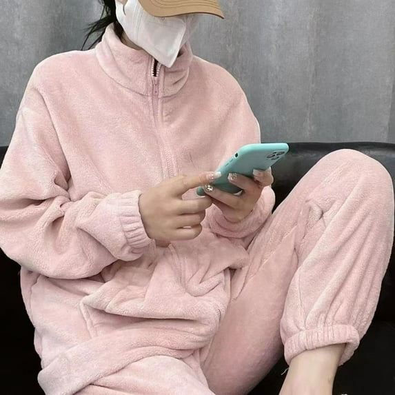 2 Pcs/Set Winter Pajamas Set Thickened Coral Fleece Stand Collar Long Sleeves Top Elastic Waist Trousers Homewear Coat Loungewear Outfiit Lady Sleepwear