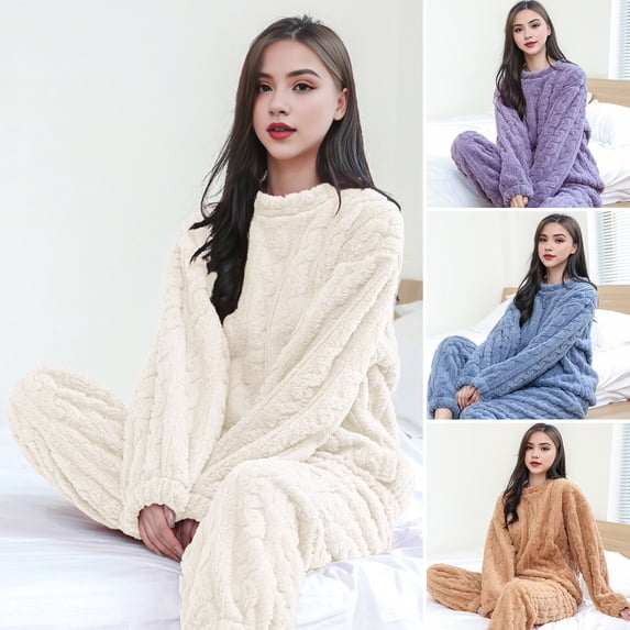 2 Pcs/Set Winter Pajamas Set Thickened Coral Fleece Twisted Texture Round Neck Long Sleeves Top Stretchy Waist Trousers Homewear Loungewear Outfiit Lady Sleepwear