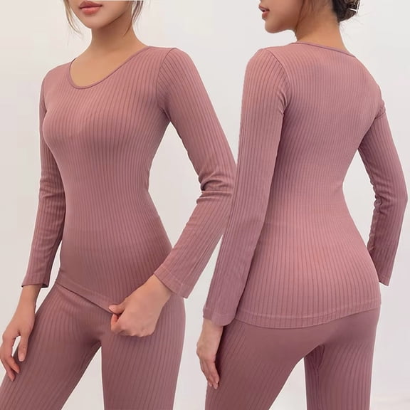 2 Pcs/Set Winter Women Thermal Underwear Set O Neck Thread Seamless Long Sleeve Warm Slim Fit High Elastic Cold Weather Pajamas Set Homewear Sleepwear Clothing