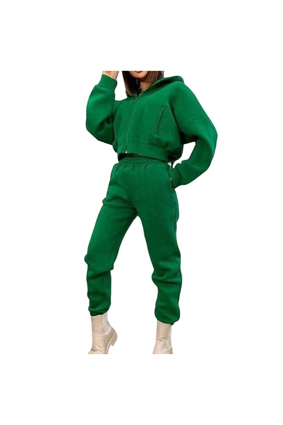 2 Pcs/Set Women Coat Pants Set Loose Zipper Elastic Waist Hooded Solid Color Warm Fleece Elastic Cuff Thick Autumn Tracksuit for Daily Wear