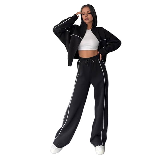2 Pcs/Set Women Coat Pants Suit Half-high Collar Zip-up Long Sleeve Top Elastic Waist Wide Leg Pockets Trousers Winter Daily Wear Tracksuit