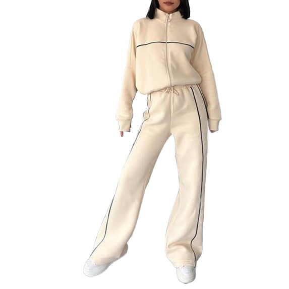 2 Pcs/Set Women Coat Pants Suit Half-high Collar Zip-up Long Sleeve Top Elastic Waist Wide Leg Pockets Trousers Winter Daily Wear Tracksuit