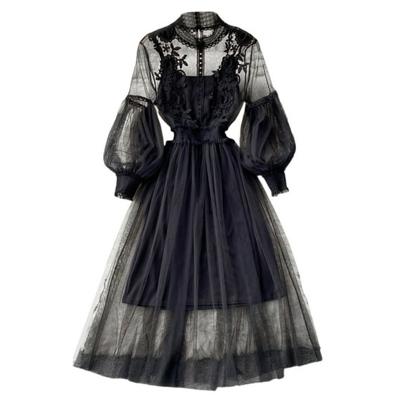 2 Pcs/Set Women Dress Suit Shirring Floral Embroidery See-through Lace Lantern Sleeves Pleated A-line Elastic Waist Midi Dress Slip Dress Suit