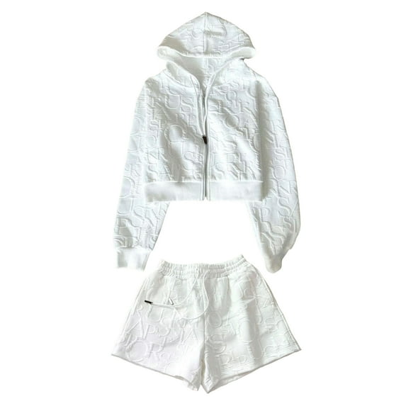 2 Pcs/Set Women Hoodie Shorts Suit Hooded Zip-up Long Sleeves Solid Color Short Coat Elastic High Waist Trousers Sport Fall Winter Tracksuit