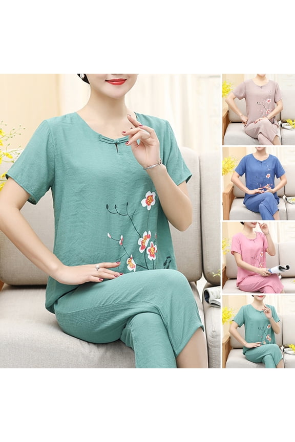 2 Pcs/Set Women Pajamas Set O Neck Flower Print Grandma Style Elastic Waist Summer Pajamas Set Sleepwear
