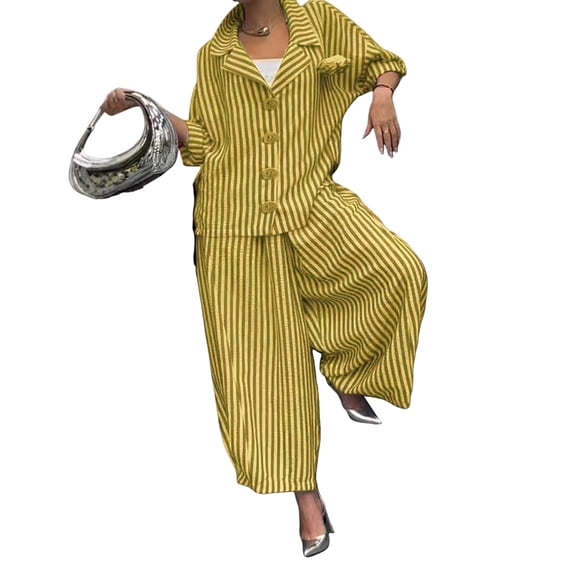 2 Pcs/Set Women Shirt Pants Set Striped Print Single-breasted Turn-down Collar Big Buttons Blouse Elastic Waist Wide Leg Trousers Set Casual Daily Wear Outfit