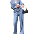 thumbnail image 1 of 2 Pcs/Set Women Shirt Pants Set V Neck Single-breasted Long Sleeves Knitted Loose Top Drawstring Elastic Waist Wide Leg Trousers Sport Tracksuit, 1 of 8