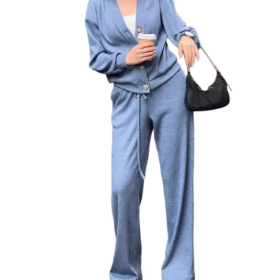 2 Pcs/Set Women Shirt Pants Set V Neck Single-breasted Long Sleeves Knitted Loose Top Drawstring Elastic Waist Wide Leg Trousers Sport Tracksuit