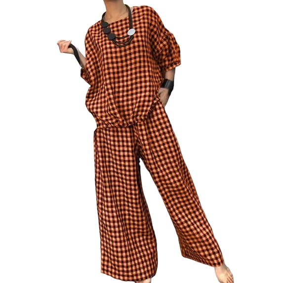 2 Pcs/Set Women Spring Top Pants Set Plaid Print Three-quarter Sleeves Round Neck Split Back T-shirt Wide Leg Elastic Waist Loose Trousers Casual Daily Wear Outfit