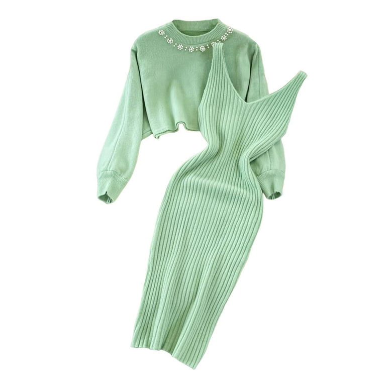 Fashion V-neck solid color sleeveless beaded knitted dress Fashion V-neck solid color sleeveless beaded knitted dress