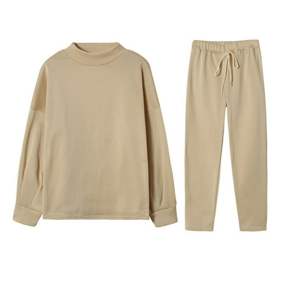 2 Pcs/Set Women Top Pants Set High Collar Long Sleeves Solid Color Sweatshirt Drawstring Elastic Waist Loose Trousers Sport Outfit Fall Spring Tracksuit