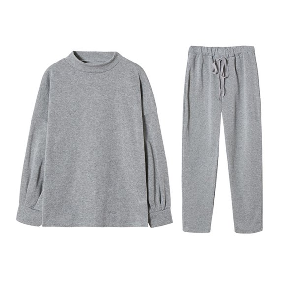 2 Pcs/Set Women Top Pants Set High Collar Long Sleeves Solid Color Sweatshirt Drawstring Elastic Waist Loose Trousers Sport Outfit Fall Spring Tracksuit