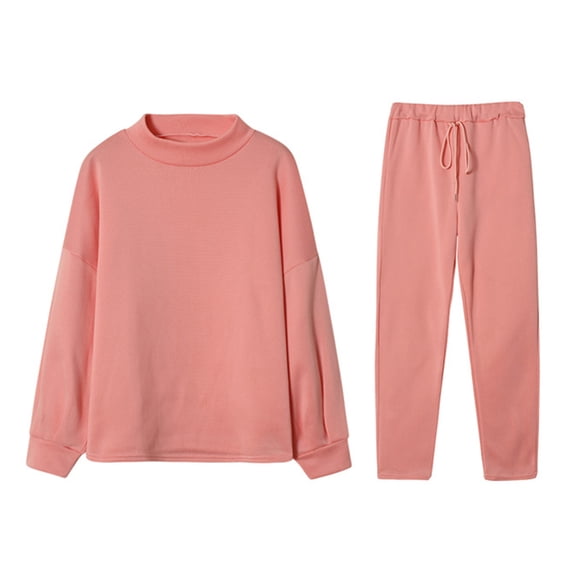 2 Pcs/Set Women Top Pants Set High Collar Long Sleeves Solid Color Sweatshirt Drawstring Elastic Waist Loose Trousers Sport Outfit Fall Spring Tracksuit