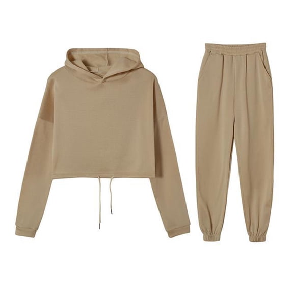 2 Pcs/Set Women Top Pants Set Hooded Long Sleeve Drawstring Hem Hoodie Stretchy High Waist Ankle-banded Trousers Sport Fitness Tracksuit