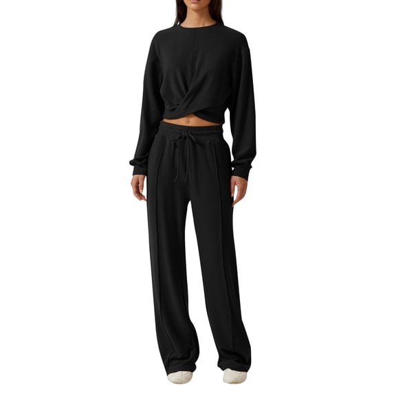 2 Pcs/Set Women Top Pants Set Round Neck Long Sleeve Crop Top Drawstring Elastic Waist Wide Leg Sweatpants Sport Outfit Spring Autumn Tracksuit