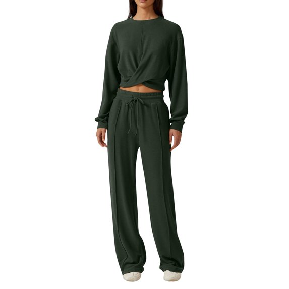 2 Pcs/Set Women Top Pants Set Round Neck Long Sleeve Crop Top Drawstring Elastic Waist Wide Leg Sweatpants Sport Outfit Spring Autumn Tracksuit