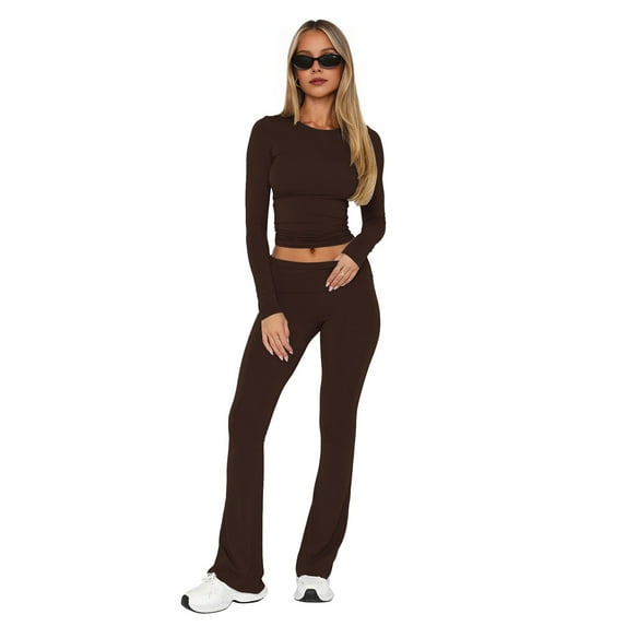 2 Pcs/Set Women Top Pants Set Round Neck Solid Color Long Sleeves Slim Fit T-shirt Low Waist Flared Hem Trousers Casual Sport Outfit