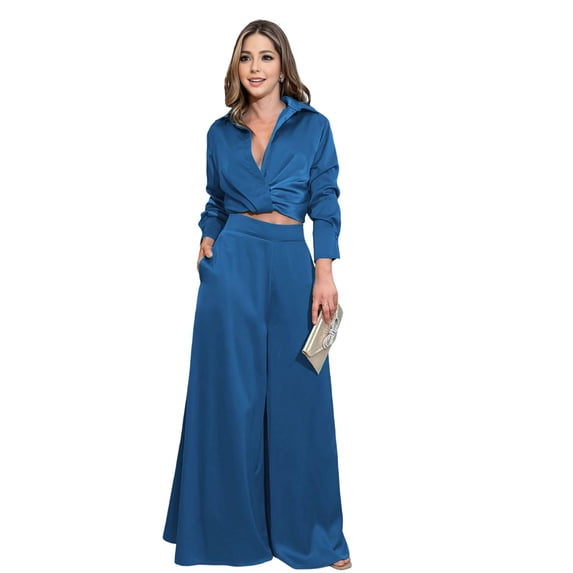 2 Pcs/Set Women Top Pants Suit Low-cut V Neck Turn-down Collar Pleated Short Shirt High Waist Wide Leg Deep Crotch Trousers Dating Commuting Outfit