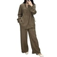thumbnail image 1 of 2 Pcs/Set Women Top Pants Suit Round Neck Half Single-breasted Long Sleeves Loose Blouse Wide Leg Pure Color Trousers Casual Pantsuit Sport Clothes, 1 of 8
