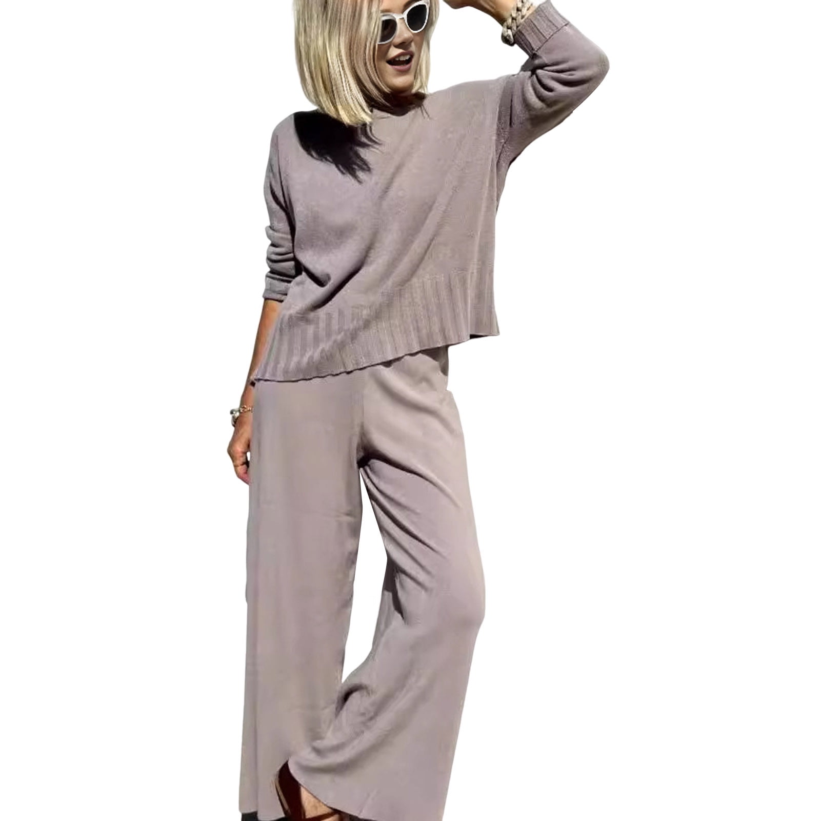 2 Pcs/Set Women Top Pants Suit Round Neck Long Sleeves Knitted Solid