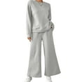 thumbnail image 1 of 2 Pcs/Set Women Top Pants Suit Round Neck Long Sleeves Textured Solid Color Sweatshirt Elastic Waist Wide Leg Trousers Daily Wear Sport Outfit Fall Spring Tracksuit, 1 of 7