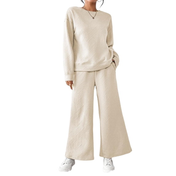 2 Pcs/Set Women Top Pants Suit Round Neck Long Sleeves Textured Solid Color Sweatshirt Elastic Waist Wide Leg Trousers Daily Wear Sport Outfit Fall Spring Tracksuit