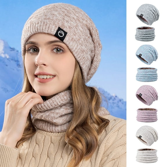 2 Pcs/Set Women Winter Scarf Hat Set Thick Knitted Warm Anti-slip Elastic Ear Protecting Windproof Cap Winter Outdoor Cycling Skiing Neck Warmer Baggy Cap Set