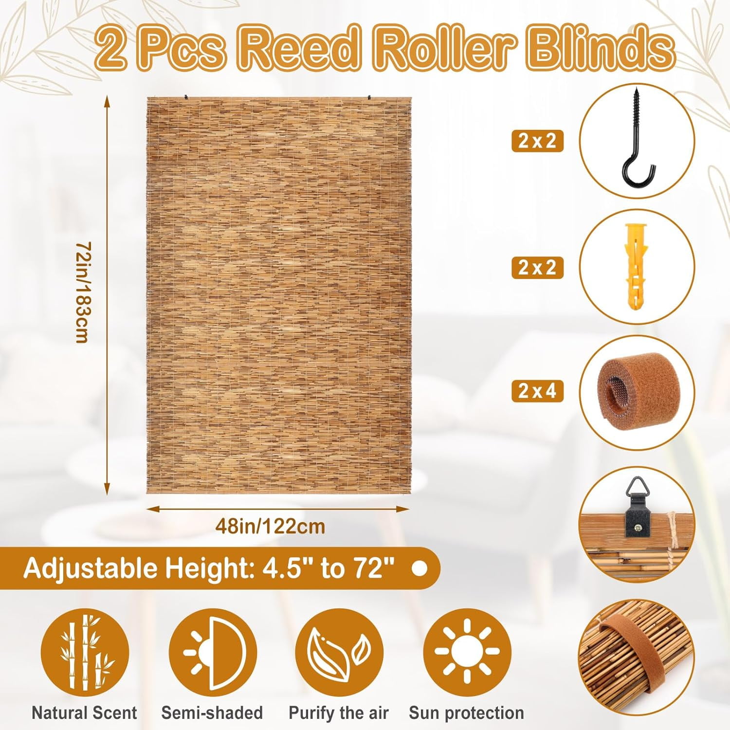 2 Pcs Shades Outdoor Reed Roll Blinds 48 W x 72 H Blackout Sunshade ...