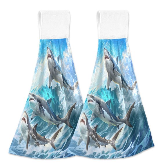 2 Pcs Sharks Jumped over Waves Kitchen Hand Towels with Hanging Loops Absorbent Soft Fast Drying Decor Bath Towels