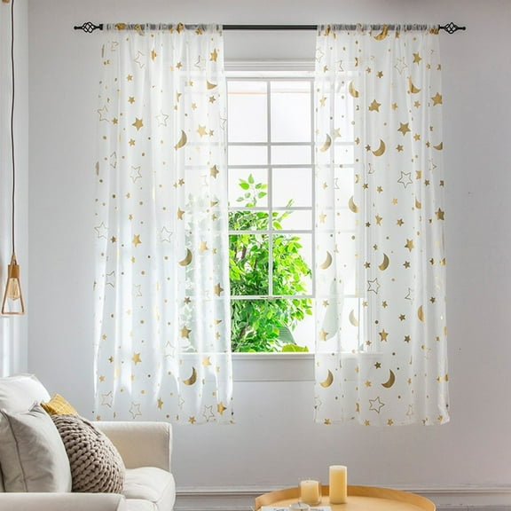 2 Pcs Sheer Voile Curtain 39.37*51.18inch Gold Star Curtains, Cute Star Moon Curtains for Kids Room, Pattern Moon and The Stars Sheer Curtains Tulle Curtains for Living Room