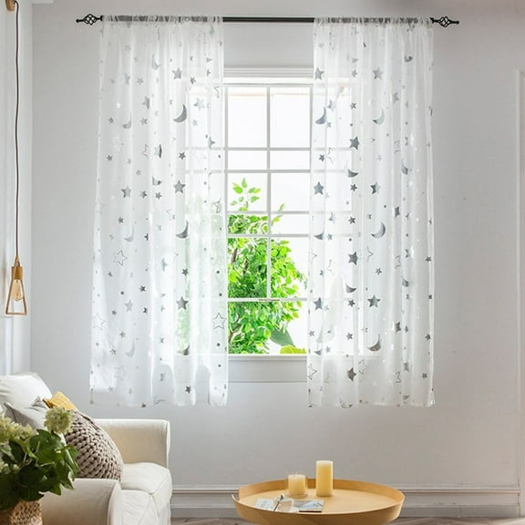 2 Pcs Sheer Voile Curtain 39.37*51.18inch Silver Star Curtains, Cute Star Moon Curtains for Kids Room, Pattern Moon and The Stars Sheer Curtains Tulle Curtains for Living Room