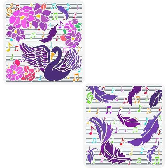 2 Pcs Sheet Music Stencil 11.8x11.8 inch Music Note Stencils Template Plastic Feather Flower Swan Patterns Stencil Reusable Music Theme Stencil for DIY