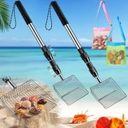 2 Pcs Shell Scooper for Beach  Shark Tooth Sifter with Stainless Steel Adjustable Long Handle, Sand Sifting Shovel Tool for Collecting Seashells and Shark Teeth, with 2 Mesh Bags