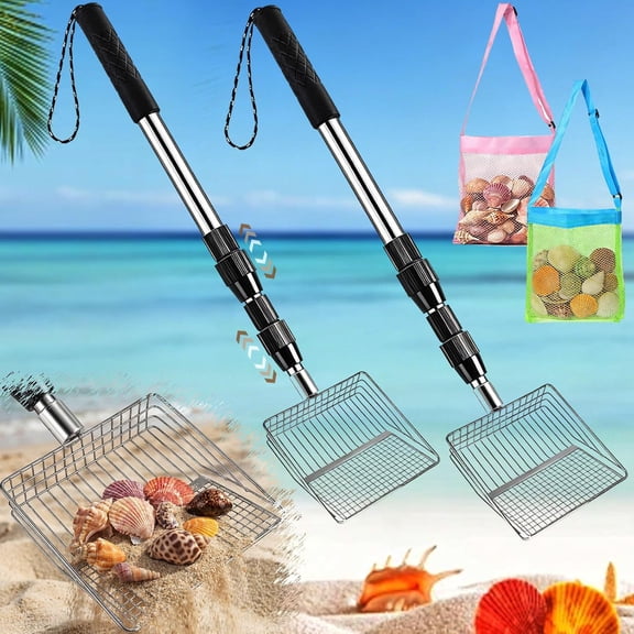 2 Pcs Shell Scooper for Beach Shark Tooth Sifter with Stainless Steel Adjustable Long Handle, Sand Sifting Shovel Tool for Collecting Seashells and Shark Teeth, with 2 Mesh Bags