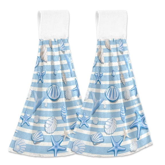 2 Pcs Shells Starfish Corals Kitchen Hand Towels with Hanging Loops Absorbent Soft Fast Drying Decor Bath Towels