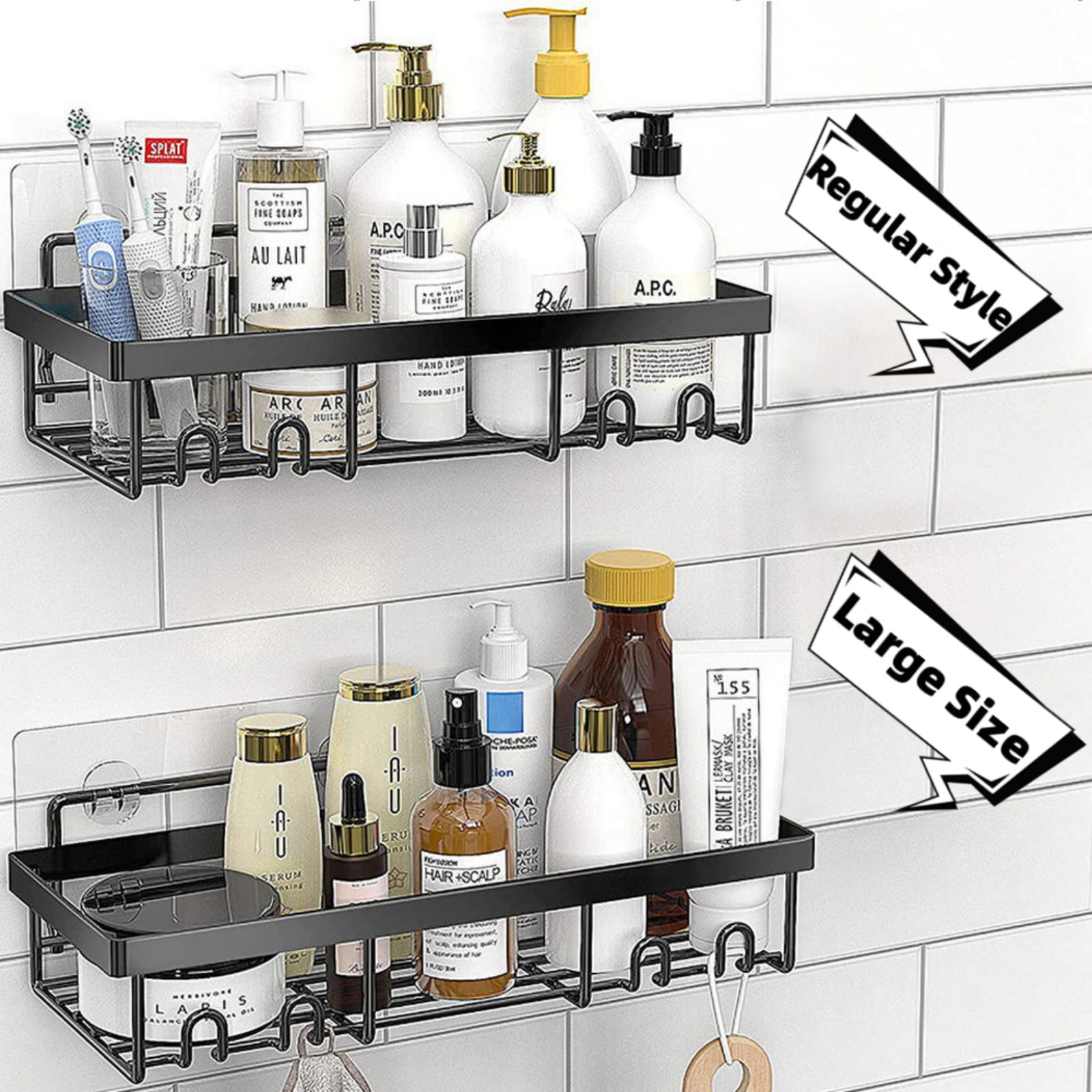 Hanging Shower Shelf，Black Bathroom Command Caddy Shelf with Hooks for Shampoo  Holder Razor Holder Towel Rack，Wall Shelf Storage for Kitchen Organizers  and Storage 