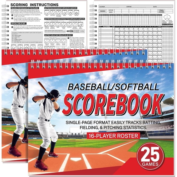 2 Pcs Side by Side Baseball Scorebook 11 x 8.5 Inches Softball Score Keeping Book 25 Games Scorebook with Pitch Count Individual Player Stats Batting Average Chart for Coaches Sporting Goods