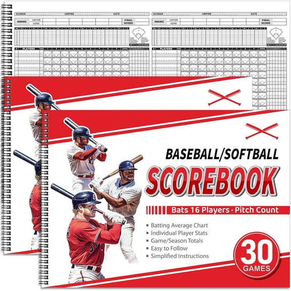 2 Pcs Side by Baseball Scorebook 11.5x16 30 Game Softball Score Keeping Book Stats Individual Player Batting Average Chart for Keeper Coach