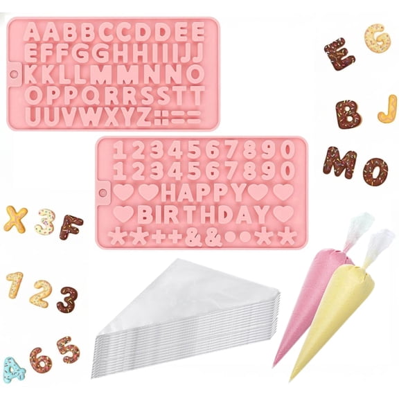 2 Pcs Silicone Chocolate Molds with Letters & Numbers, 100 Pcs Piping Bags, DIY Candy Lollipop Cake Decorating Set