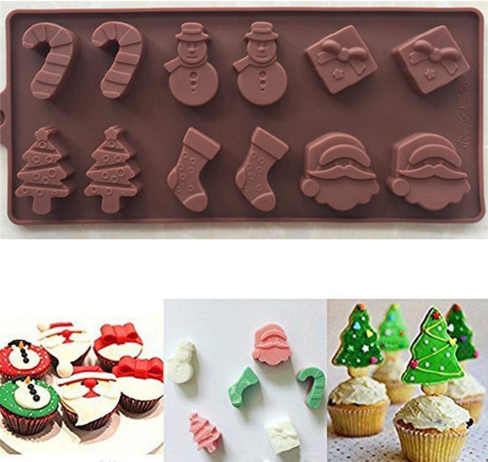 4 Pcs Christmas Silicone Chocolate and Candy Molds,Lawdiey Baking Candy  Chocolate Jelly Molds with Shapes of Snowman,Socks, Santa, Xmas Trees and